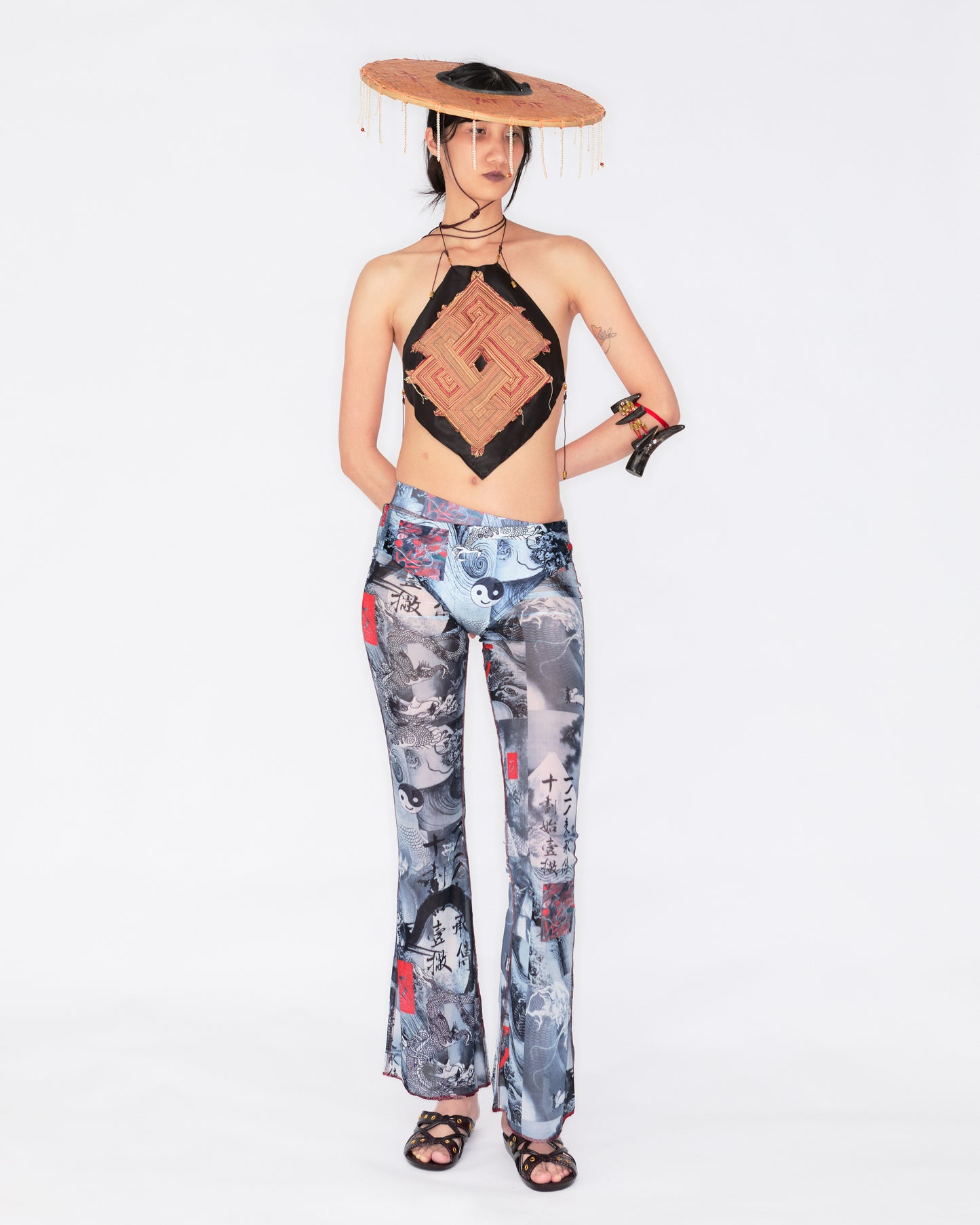 9 DRAGONS MESH FLARED PANTS